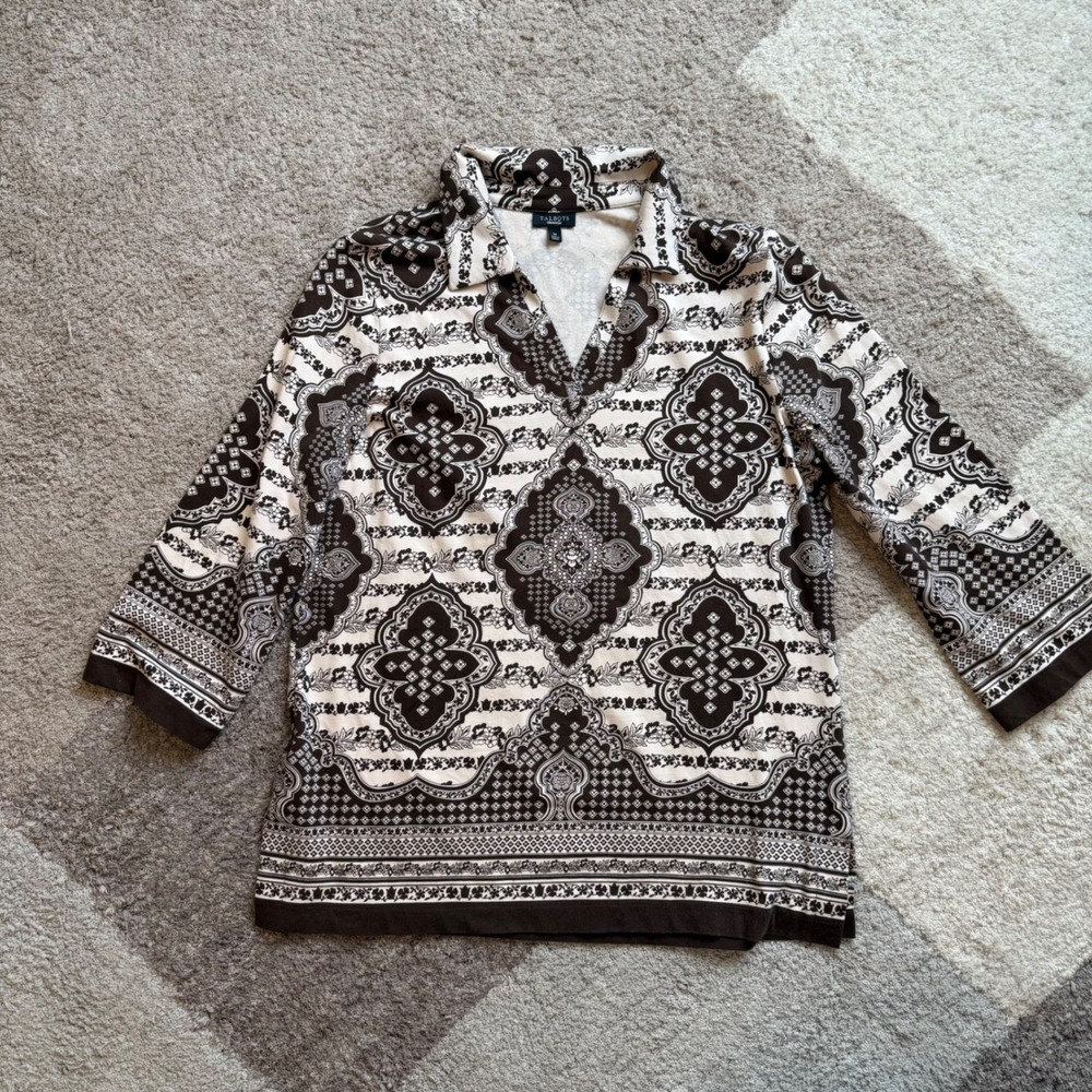 Talbots Womens Brown Cream Medallion Paisley Print 3/4 Sleeve Knit‎ Top Size M
